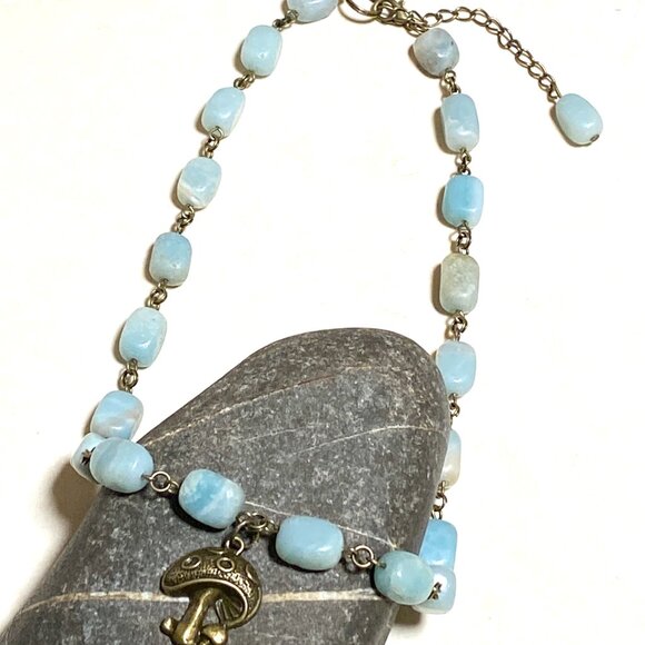 Natural Light Teal Amazonite Necklace, Bronze Round Mushroom + Genuine Gemstone - Picture 4 of 12